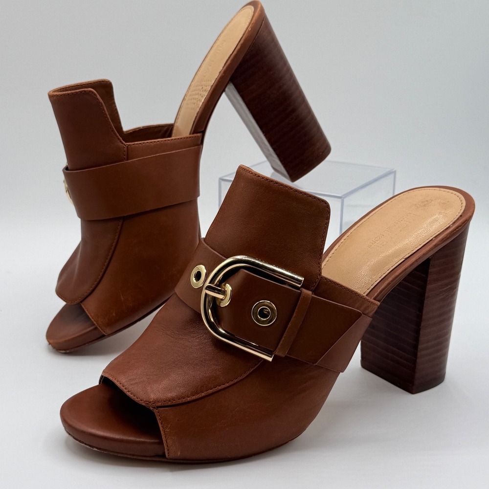 Michael Kors Leather Open Toe Buckle Block Heel Mules Brown Size 9M